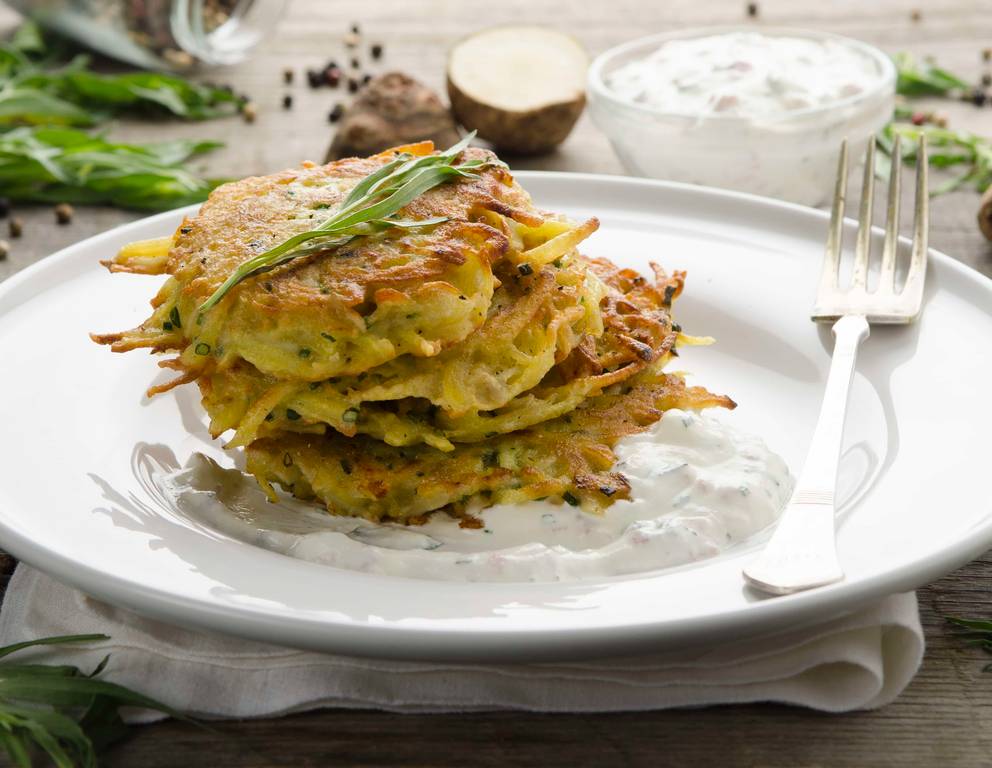 Topinambur-Rösti mit Schinken-Dip Topinambur-Rösti mit Schinken-Dip