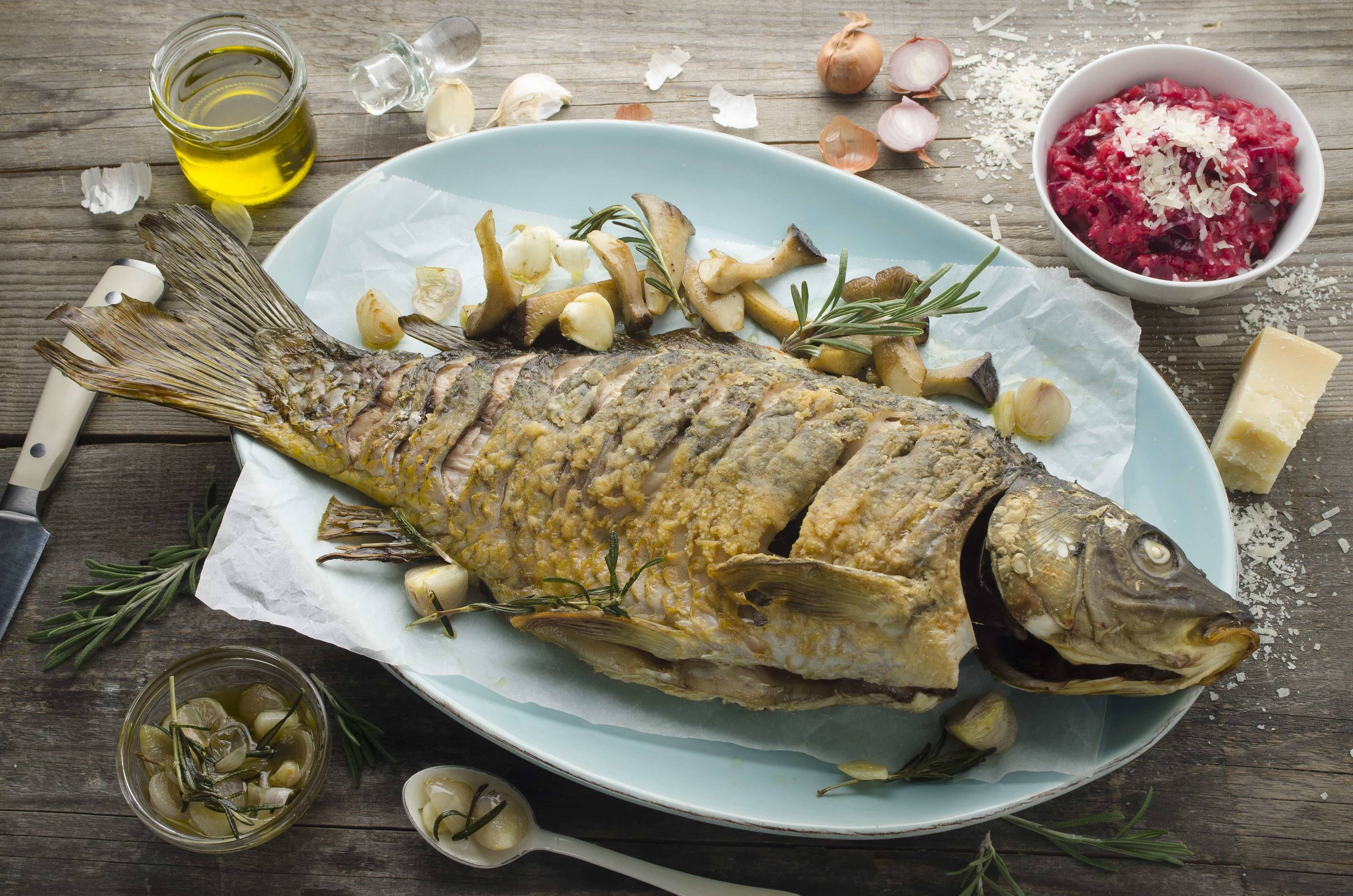 Karpfen mit Rote Rüben-Risotto und Schwammerln