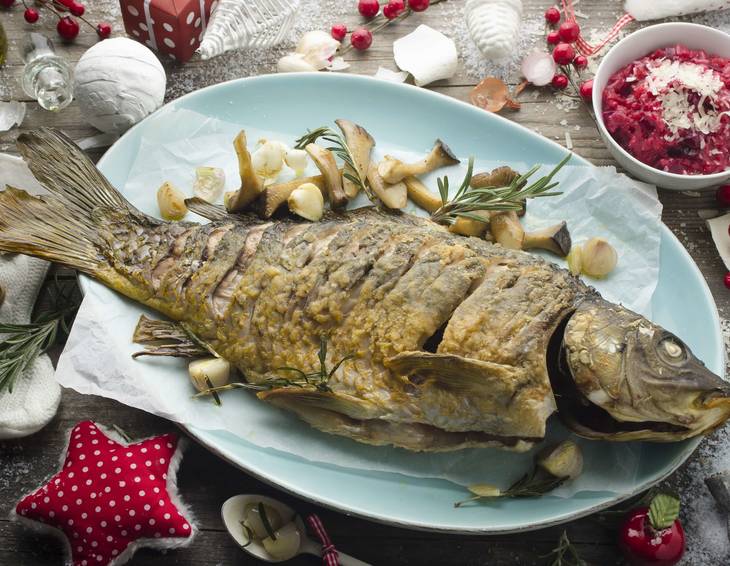 Weihnachtskarpfen mit Kräuterseitlingen und Rote Rüben-Risotto