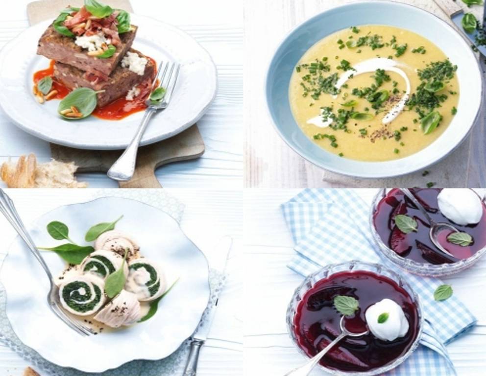 Weihnachtsmenü mit dekorativen Putenrouladen aus dem Dampfgarer Weihnachtsmenü mit dekorativen Putenrouladen aus dem Dampfgarer